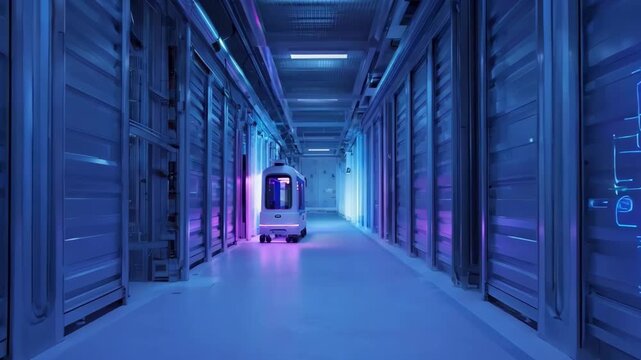 Medium shot of an automated robot navigating a corridor emitting UV light to sterilize the area showcasing cuttingedge automation in sanitization processes.