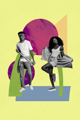 Obraz premium Trendy art vertical image zine photo collage of happy girl guy friends dance weekend chill party celebration clubbing event