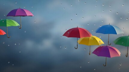 Colorful Umbrellas Floating in Rainy Sky, Surreal Dreamlike Scene