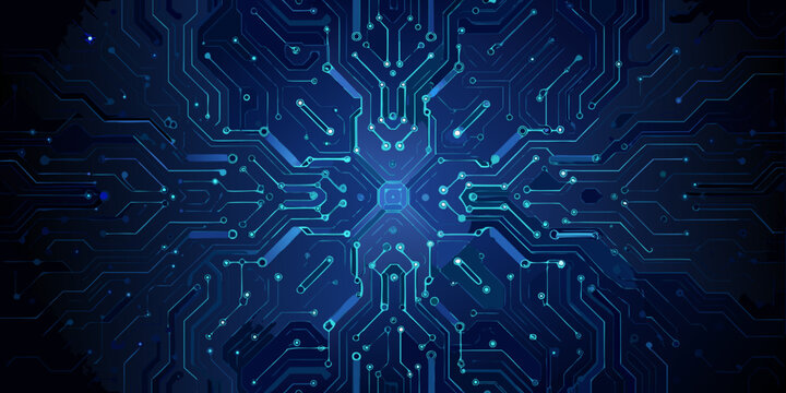 Abstract digital circuit board with glowing blue lines and central network