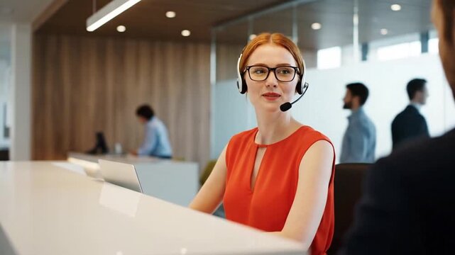 Friendly customer service representative wearing a headset and smiling at a client in a modern office setting with a sleek white desk and blurred background colleagues.