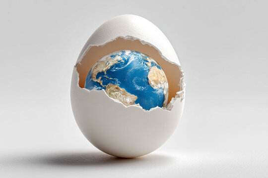 cracked white chicken egg revealing a realistic blue earth globe yolk illustrating a concept of a fragile world and global birth against a solid white background.