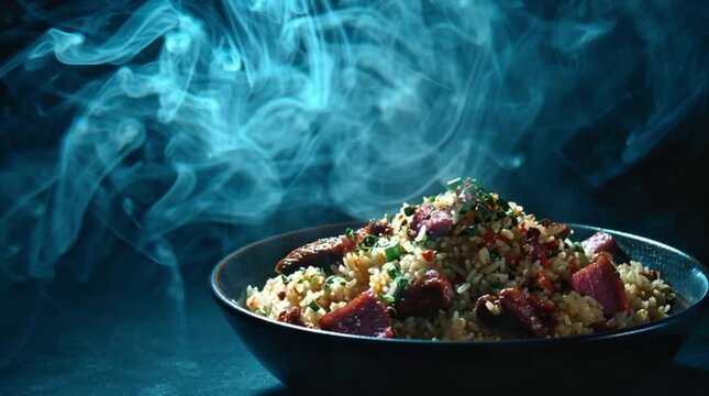 A delicious couscous dish with meat and herbs, gently steaming and presented in a bowl with a dark, moody background
