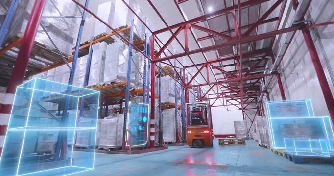 Working in a large cold storage warehouse with frozen foods. A forklift truck transports crates of frozen food in a cold warehouse. Smart logistic concept. Smart Warehouse inside. Interior