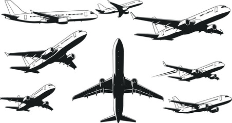 Large set of commercial airplane silhouettes and aircraft icons in various flight angles for travel and aviation design © Najmul
