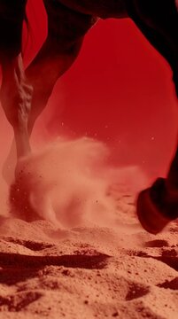 Horse's Hooves in Action: A close-up captures the raw power of a horse's hooves as they kick up dust against a vibrant backdrop, creating a sense of movement and energy.