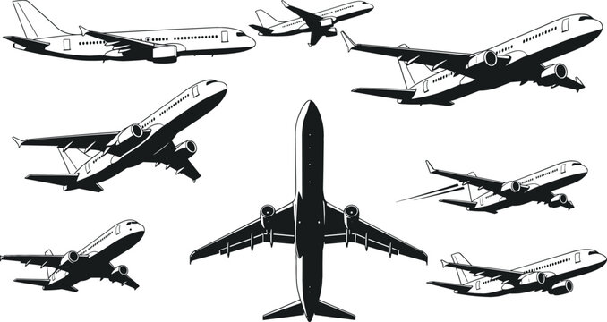 Large set of commercial airplane silhouettes and aircraft icons in various flight angles for travel and aviation design