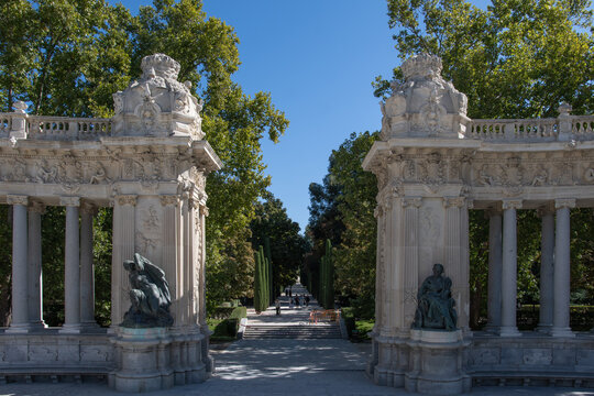 Madrid, Spain: Monument to Alfonso XII Colonnade at Retiro Park