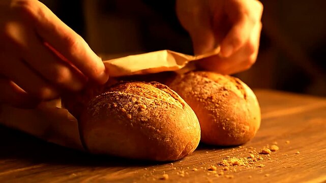 Close up of bread being unpacked from a paper bag on a table or Close up of bread inside a paper bag on a wooden table