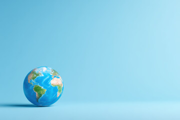 Fototapeta premium Realistic globe showing continents and oceans on smooth blue background, symbolizing global connection and environmental awareness in minimal style