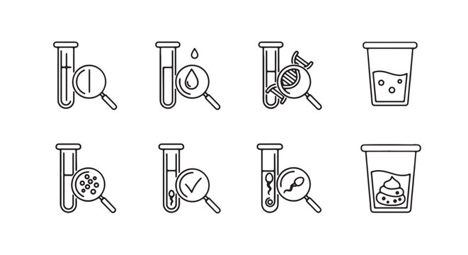 Vector laboratory test tube and petri dish icons with magnifying glass, science or biology illustration for website, presentation or marketing material