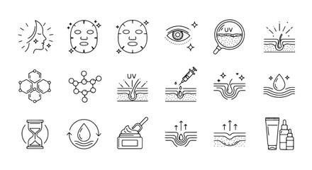 Fototapeta premium Skincare routine icons, line art illustrations for beauty or wellness, vector graphics for website or app, isolated on transparent background, png