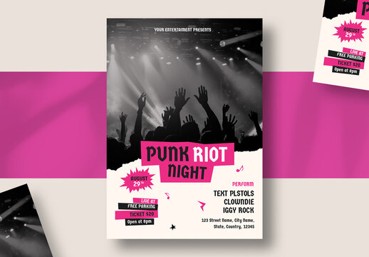 Punk Rock Night Music Concert Flyer Template with Pink Accents