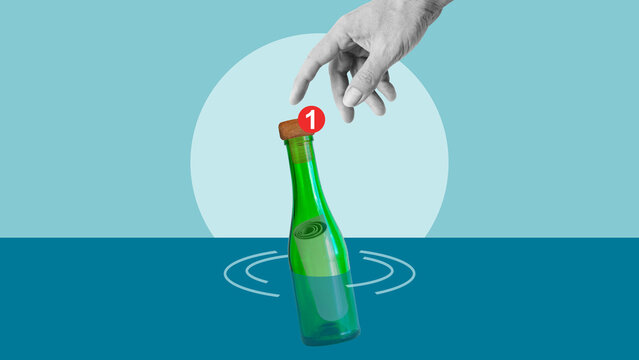 Message in a Bottle with Notification Icon, Reaching Hand, Online Chat and Messaging, Help Request, Social Media Alert and Digital Communication Concept