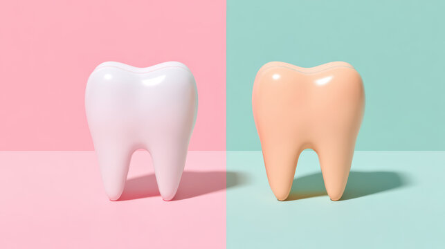 White tooth yellow tooth dental health tooth comparison dental care oral hygiene clean tooth stained tooth minimal style before and after dental cleanliness pink background blue background dental
