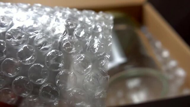 Close up of bubblewrap being removed from a glass jar in a box or Close up of jar inside a box with bubblewrap