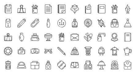 Vector line icons of business office supplies, technology, and communication tools, for website, app, or presentation, Isolated on transparent background, png
