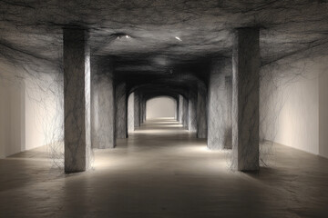 Fototapeta premium An abstract corridor with chaotic black threads and a light at the end.
