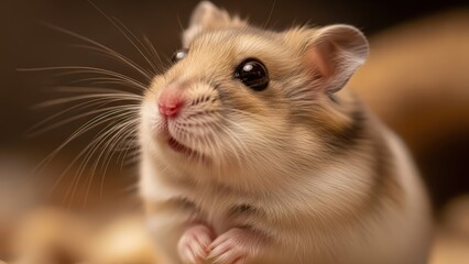 Fototapeta premium A close-up, detailed portrait of a small, fluffy hamster with bright eyes and long whiskers, looking upwards with its tiny paws clasped.