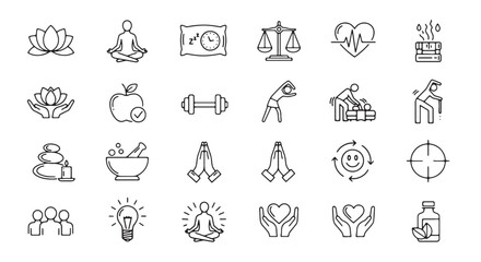 line icon set of wellness, fitness, and mindfulness symbols, including meditation, yoga, and healthy living icons, for website, banner, or presentation, Isolated on transparent background, png © Rosie