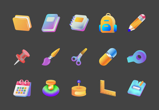Colorful 3D Education and Office Stationery Icons Collection