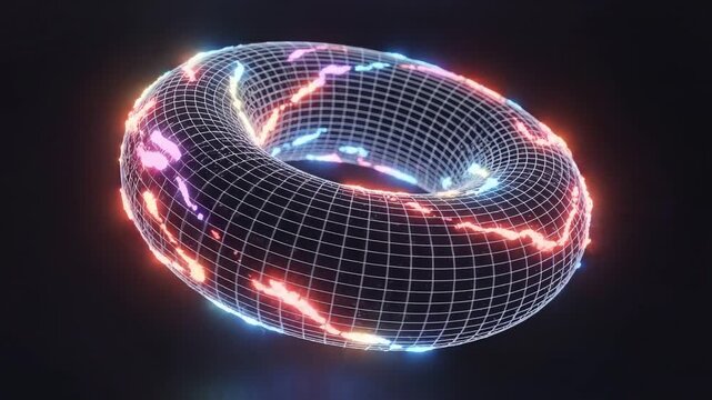Abstract wireframe ring with electric light streams glowing against a solid dark backdrop for dynamic technology media campaigns.