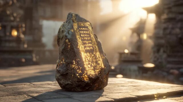 Ancient glowing stone with mysterious script in sunlit ruins.