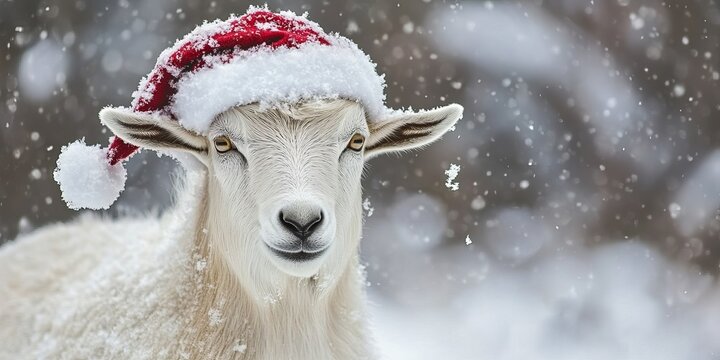 Graceful goat adorned with a festive Santa hat, playfully frolicking in the snowy landscape.