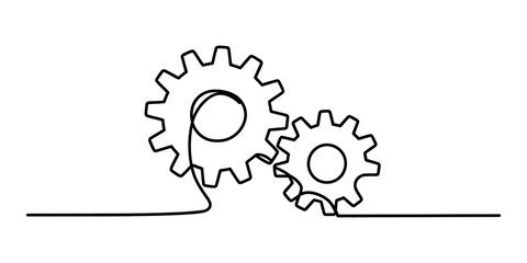 Continuous line drawing of two interlocking gears representing connection and mechanism