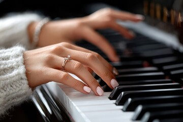 Obraz premium Elegant hands playing a piano with soft focus on a beautiful ring