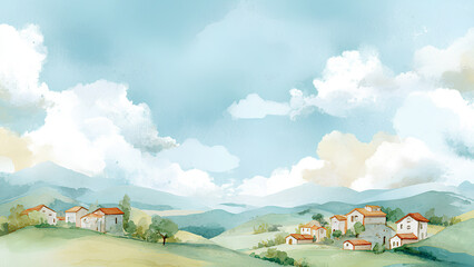 Naklejka premium Soft watercolor countryside landscape with rolling green hills
