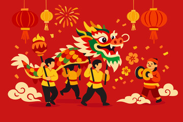 Naklejka premium Graphic design featuring a dragon dance for the Chinese New Year, set against a red background, evoking a festive atmosphere with vibrant colors, lanterns, and cultural tradition