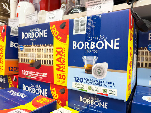 Ponte Nelle Alpi, Italy - January 27, 2026: Caffe Borbone Napoli coffee capsule box displayed on a supermarket shelf, featuring recyclable packaging and product details prominently visible