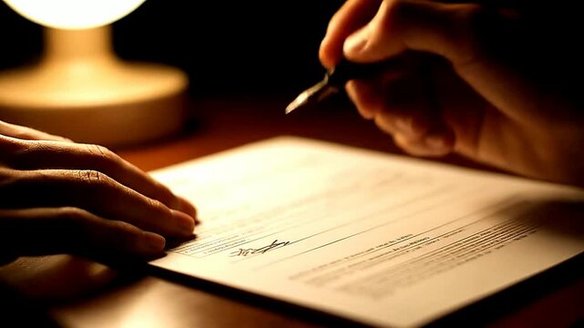 Close up of hand signing document on table | Close up of hand writing on paper at night