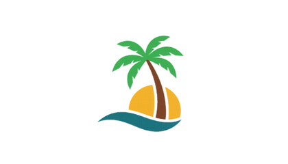 Tropical Palm Tree Sun and Ocean Wave Logo Design