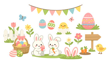 Fototapeta premium A digital illustration of Easter celebration decor in a spring garden, featuring a festive atmosphere, soft pastel hues, and a whimsical theme that brings family gatherings and seasonal joy together