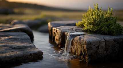 Obraz premium Small stone water fountain with gentle stream, green bush, natural rock, outdoor landscape, tranquil sunset light
