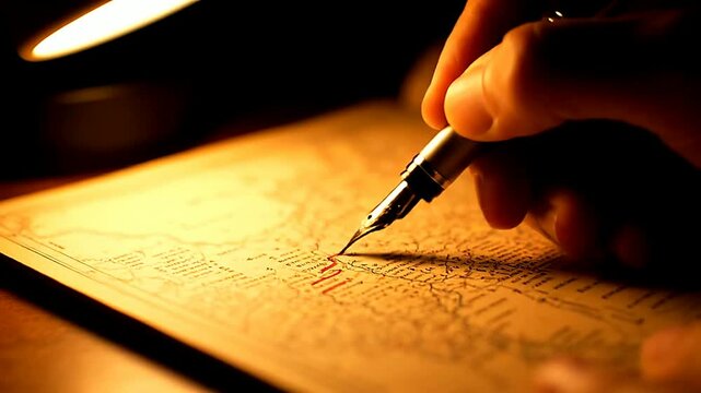 Close up of hand writing on map under light or Close up of map highlighted with pen under lamp