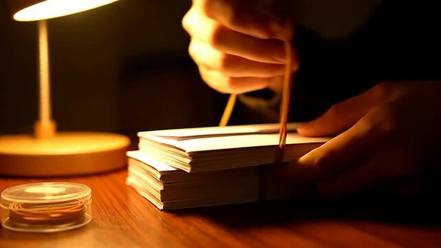 Close up of hands handling paper stacks on a desk under a lamp or Close up of container with rubber bands next to stacks of paper on a desk