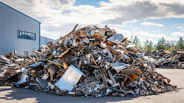 Large pile of twisted and deformed salvaged metal scrap in an outdoor recycling yard under a cloudy sky