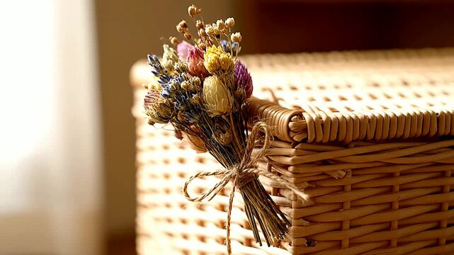 Close up of flowers resting on a box indoors | Close up of bouquet tied to wicker container indoors