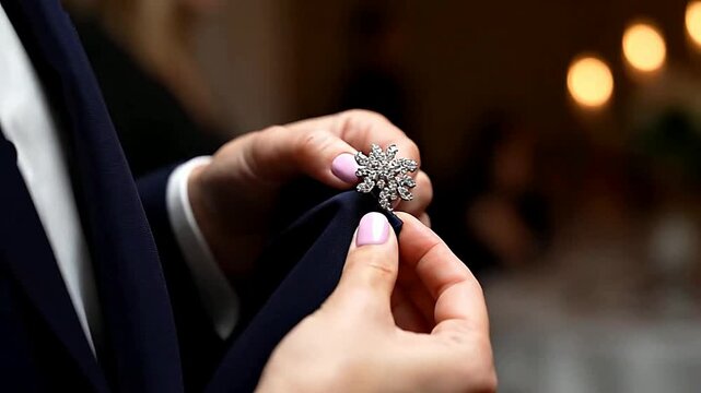 Close up of Brooch Being Held in Hand on Suit Lapel or Macro of Ornamental Brooch Being Held by Fingers