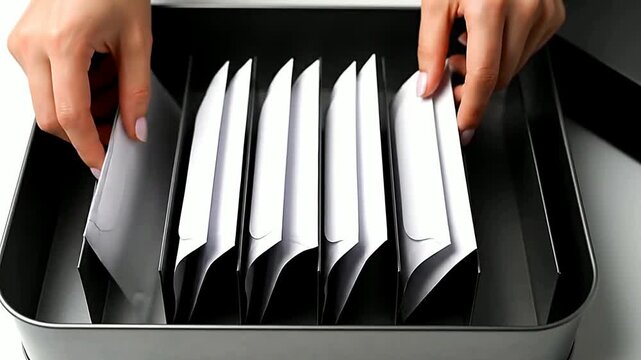 Close up of hands placing cards in container or Close up of hands sorting cards in container