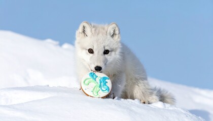 Naklejka premium Adorable Arctic Fox Pup with a Toy in Snowy Landscape.