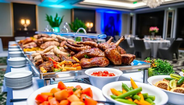 A buffet table filled with roasted meats and vegetables in a luxurious banquet hall setting