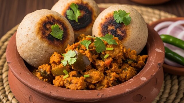 Traditional meat curry with baati in rustic clay pot