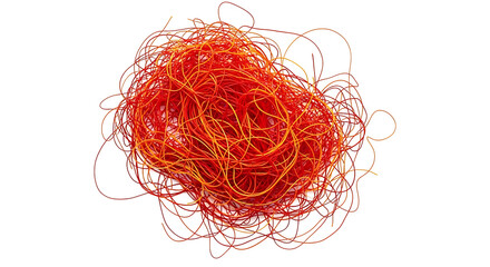 Fototapeta premium Red and orange tangled threads on white background