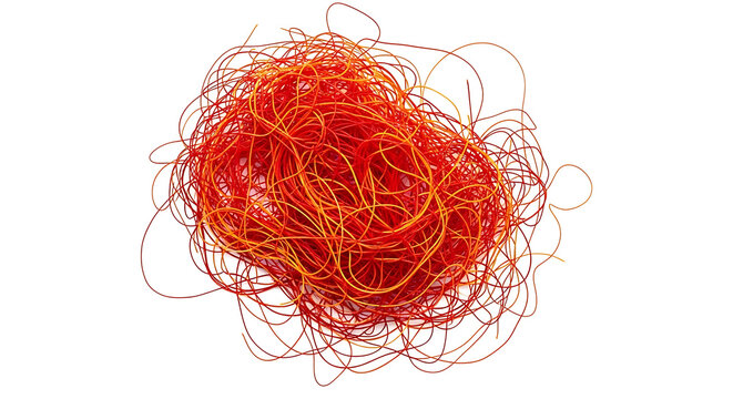 Red and orange tangled threads on white background