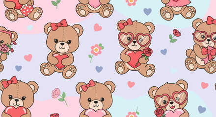Fototapeta premium Cute Cartoon Teddy Bears with Hearts and Bows.