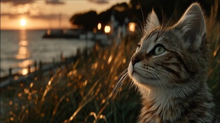 Obraz premium Tabby Kitten Observing the Sunset at the Seaside